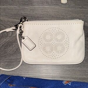 Coach Cream Leather Wristlet with Op Art Logo Design